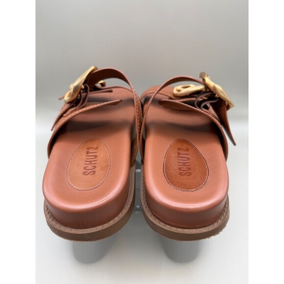 SCHUTZ Olga Sporty Womens Round Toe Gold Buckle Brown Leather Flat Sandals Sz 10 - Picture 5 of 7